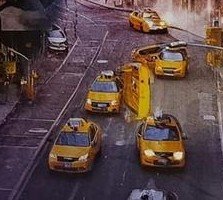 Artefatos de veículos de táxi gerado por IA em arte conceitual do filme homem-aranha: um novo dia; Táxis fusos