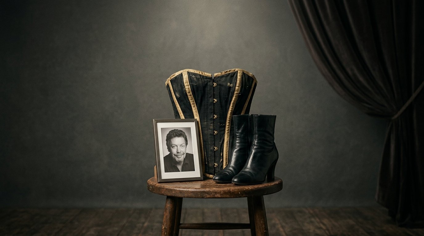 Tim Curry Falece aos 80 anos. Na imagem tem um retrato de seu rosto junto de um espartilho e botas, simbolizando seu personagem mais icônico.